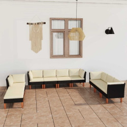 10 Pcs conjunto lounge de jardim c/ almofadões vime PE preto
