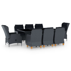9 Pcs conj. jantar exterior c/ almofadões vime PE cinza-escuro