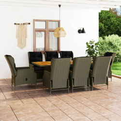9 Pcs conjunto jantar exterior com almofadões vime PE castanho