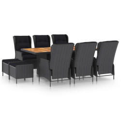 9 Pcs conj. jantar exterior c/ almofadões vime PE cinza-escuro