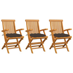 Cadeiras de jardim c/ almofadões cinza-acast. 3 pcs teca maciça