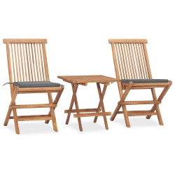 3 Pcs conj. jantar dobrável exterior c/ almofadão teca maciça