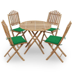 5 Pcs conj. de jantar dobrável c/ almofadões p/ exterior bambu