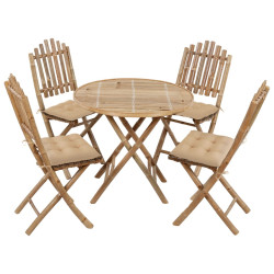 5 Pcs conj. de jantar dobrável c/ almofadões p/ exterior bambu