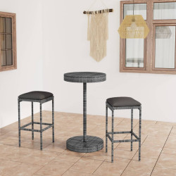 3 Pcs conjunto de bar p/ jardim c/ almofadões vime PE cinzento