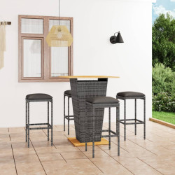 5 Pcs conjunto de bar p/ jardim c/ almofadões vime PE cinzento