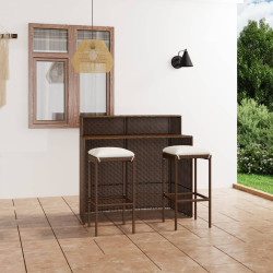 3 Pcs conjunto de bar para jardim com almofadões castanho
