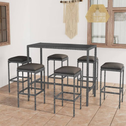 7 Pcs conjunto de bar p/ jardim c/ almofadões vime PE cinzento