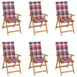 Cadeiras jardim c/ almofadões xadrez vermelho 6 pcs teca maciça