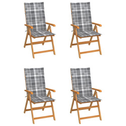 Cadeiras jardim c/ almofadões xadrez cinzento 4 pcs teca maciça
