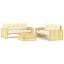 3 Pcs conjunto lounge de jardim com almofadões pinho impregnado