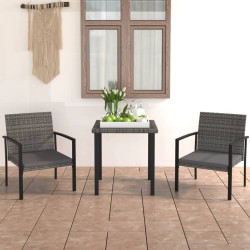 3 Pcs conjunto de jantar para jardim vime PE cinzento