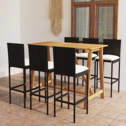 7 Pcs conjunto de bar para jardim com almofadões preto