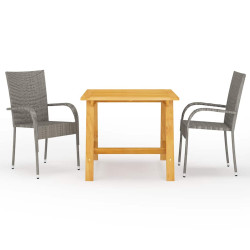 3 Pcs conjunto de jantar para jardim cinzento