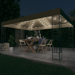 Gazebo com cordões de luzes LED 3x4 m tecido cinza-acastanhado