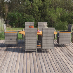7 Pcs conjunto de jantar para jardim vime PE cinzento