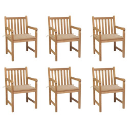 Cadeiras de jardim c/ almofadões beges 6 pcs teca maciça