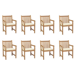 Cadeiras de jardim c/ almofadões cor creme 8 pcs teca maciça