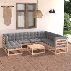 8 Pcs conjunto lounge de jardim c/ almofadões pinho maciço