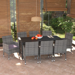 9 Pcs conjunto jantar p/ jardim c/ almofadões vime PE cinzento