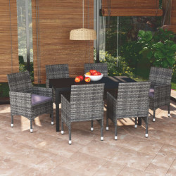 7 Pcs conjunto de jantar p/ jardim c/ almofadões vime PE cinza