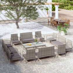 16 Pcs conjunto lounge de jardim c/ almofadões vime PE cinzento