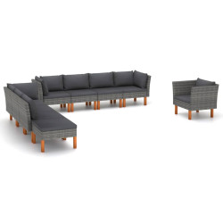 9 Pcs conj. lounge jardim vime PE e madeira eucalipto cinzento