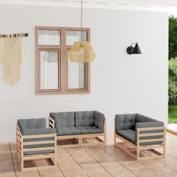 6 Pcs conjunto lounge de jardim com almofadões pinho maciço