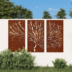 Decoração muro de jardim 3pcs 105x55cm aço corten design árvore