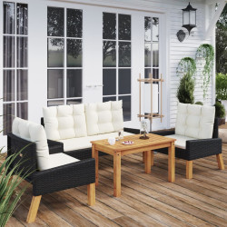 4 Pcs conj. lounge jardim c/ almofadões vime PE/madeira maciça