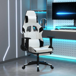Cadeira gaming massagens c/ apoio pés couro artif. branco/preto