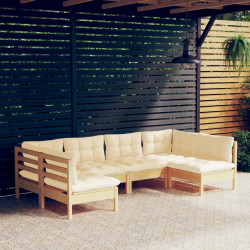 6 Pcs conjunto lounge jardim c/ almofadões creme pinho maciço