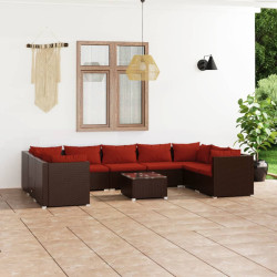 10 Pcs conjunto lounge jardim c/ almofadões vime PE castanho