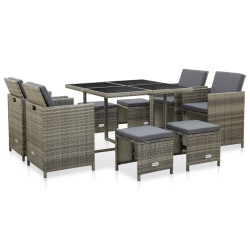 9 Pcs conjunto jantar exterior c/ almofadões vime PE cinzento
