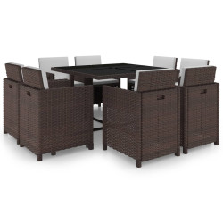 9 Pcs conjunto jantar exterior c/ almofadões vime PE castanho