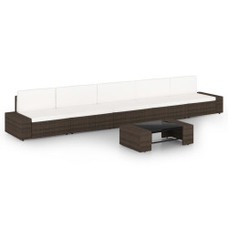 6 Pcs conjunto lounge p/ jardim c/ almofadões vime PE castanho