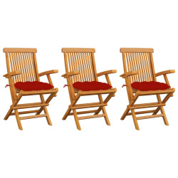 Cadeiras de jardim c/ almofadões vermelhos 3 pcs teca maciça