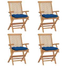 Cadeiras de jardim c/ almofadões azuis 4 pcs teca maciça