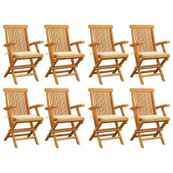 Cadeiras de jardim c/ almofadões creme 8 pcs teca maciça