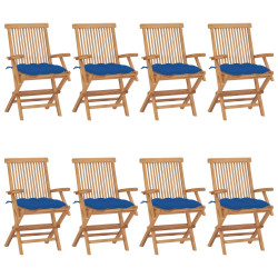 Cadeiras de jardim c/ almofadões azuis 8 pcs teca maciça