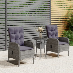 3 Pcs conjunto de bistrô para jardim vime PE cinzento