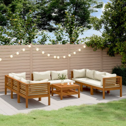9 Pcs conjunto lounge jardim c/ almofadões creme acácia maciça