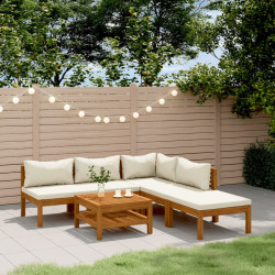 6 Pcs conjunto lounge jardim c/ almofadões creme acácia maciça