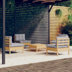 5 Pcs conjunto lounge de jardim c/ almofadões cinzentos pinho