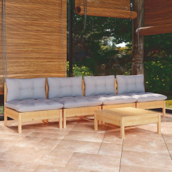 5 Pcs conjunto lounge de jardim c/ almofadões cinzentos pinho