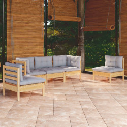 5 Pcs conjunto lounge de jardim + almofadões cinza pinho maciço
