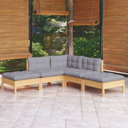 5 Pcs conjunto lounge de jardim c/ almofadões cinza pinho