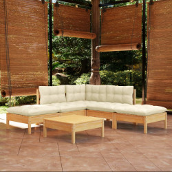 6 Pcs conjunto lounge jardim c/ almofadões cor creme pinho