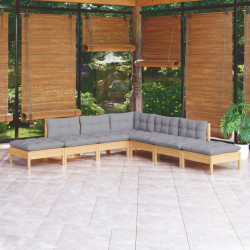 7 Pcs conjunto lounge de jardim c/ almofadões cinza pinho
