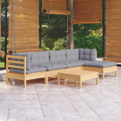 6 Pcs conjunto lounge de jardim c/ almofadões cinza pinho